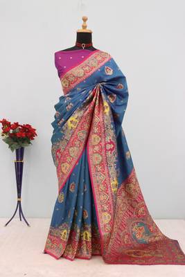 Teal pashmina paithani silk saree with beautifully multicolor border and pallu 2