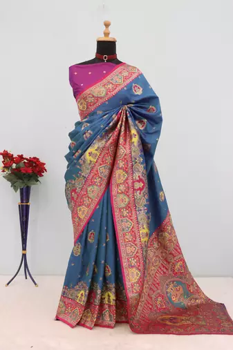 Teal pashmina paithani silk saree with beautifully multicolor border and pallu