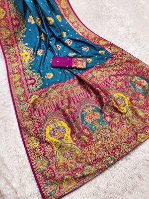 Teal pashmina paithani silk saree with beautifully multicolor border and pallu 3