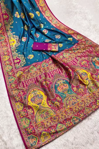 Teal pashmina paithani silk saree with beautifully multicolor border and pallu