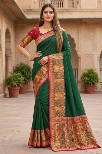 Green pashmina paithani silk saree with beautifully multicolor border and pallu