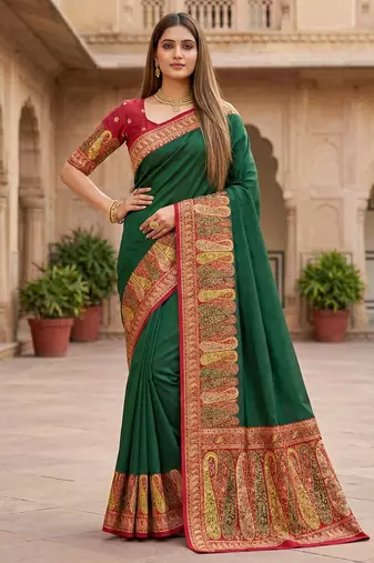 Green pashmina paithani silk saree with beautifully multicolor border and pallu