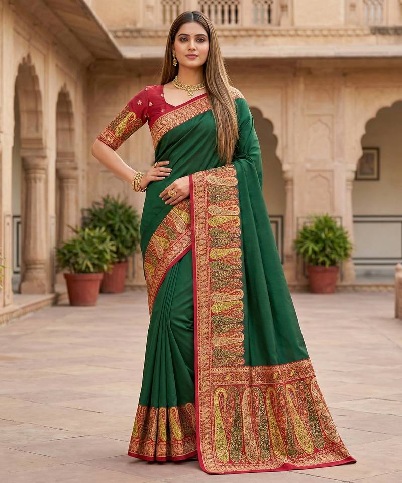Green pashmina paithani silk saree with beautifully multicolor border and pallu