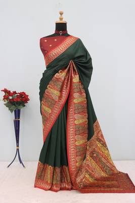 Green pashmina paithani silk saree with beautifully multicolor border and pallu 2