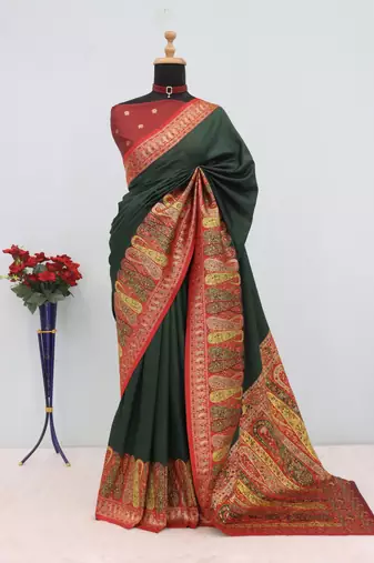 Green pashmina paithani silk saree with beautifully multicolor border and pallu