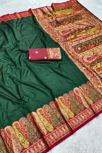 Green pashmina paithani silk saree with beautifully multicolor border and pallu
