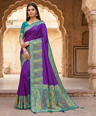 Purple pashmina paithani silk saree with beautifully multicolor border and pallu 1