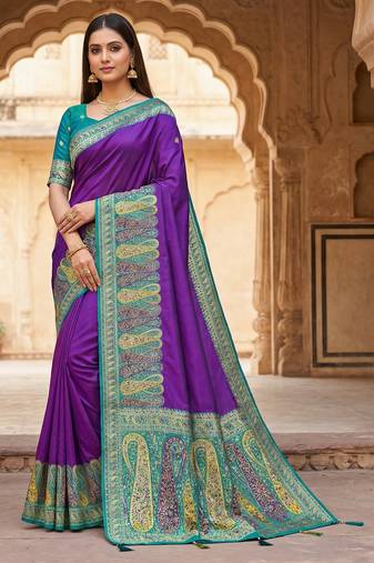 Purple pashmina paithani silk saree with beautifully multicolor border and pallu