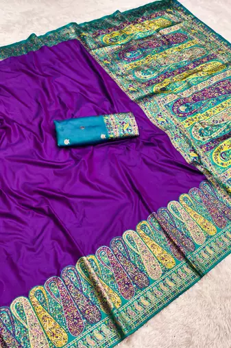 Purple pashmina paithani silk saree with beautifully multicolor border and pallu