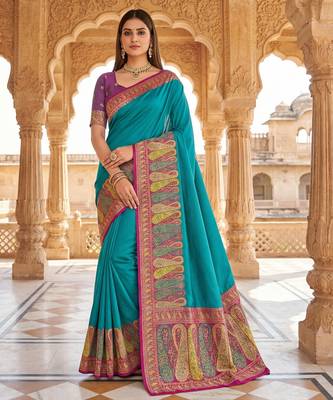 Sky blue pashmina paithani silk saree with beautifully multicolor border and pallu 1