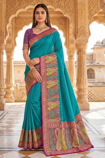 Sky blue pashmina paithani silk saree with beautifully multicolor border and pallu