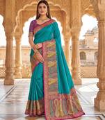 Sky blue pashmina paithani silk saree with beautifully multicolor border and pallu