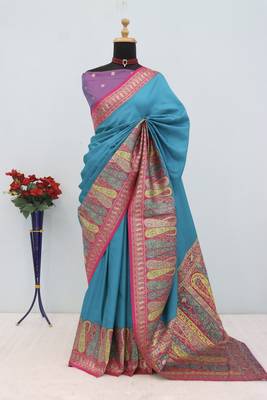 Sky blue pashmina paithani silk saree with beautifully multicolor border and pallu 2