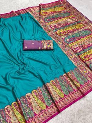 Sky blue pashmina paithani silk saree with beautifully multicolor border and pallu 3