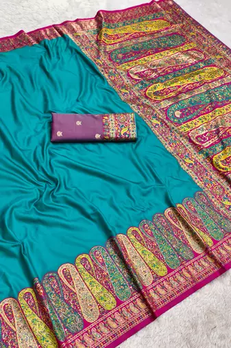 Sky blue pashmina paithani silk saree with beautifully multicolor border and pallu