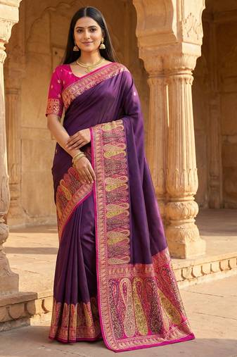Wine pashmina paithani silk saree with beautifully multicolor border and pallu