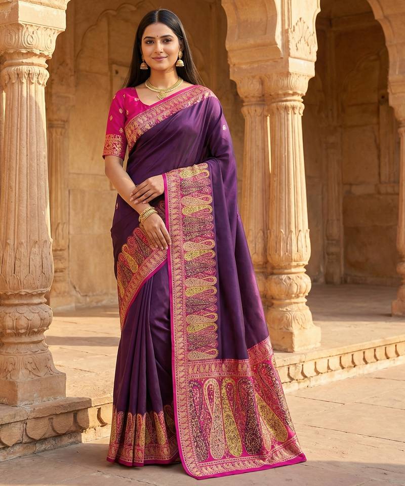 Wine pashmina paithani silk saree with beautifully multicolor border and pallu