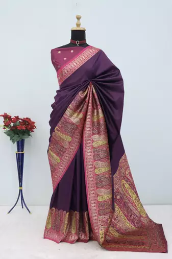 Wine pashmina paithani silk saree with beautifully multicolor border and pallu
