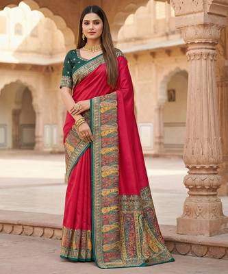 Pink pashmina paithani silk saree with beautifully multicolor border and pallu 1