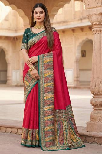Pink pashmina paithani silk saree with beautifully multicolor border and pallu