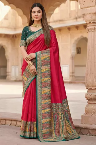Pink pashmina paithani silk saree with beautifully multicolor border and pallu