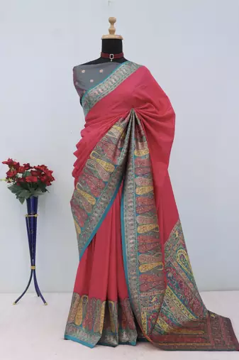 Pink pashmina paithani silk saree with beautifully multicolor border and pallu
