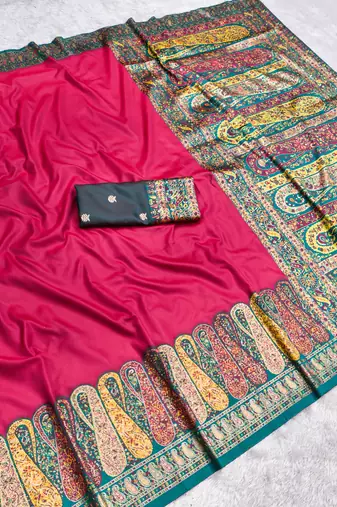 Pink pashmina paithani silk saree with beautifully multicolor border and pallu