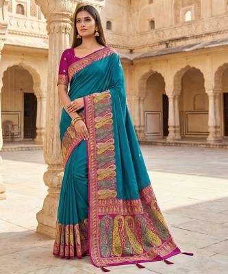 Teal pashmina paithani silk saree with beautifully multicolor border and pallu 1