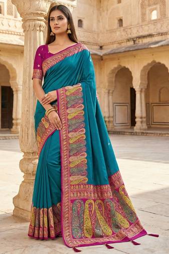 Teal pashmina paithani silk saree with beautifully multicolor border and pallu