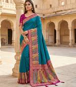 Teal pashmina paithani silk saree with beautifully multicolor border and pallu