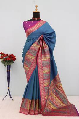 Teal pashmina paithani silk saree with beautifully multicolor border and pallu 2
