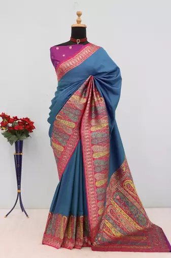 Teal pashmina paithani silk saree with beautifully multicolor border and pallu