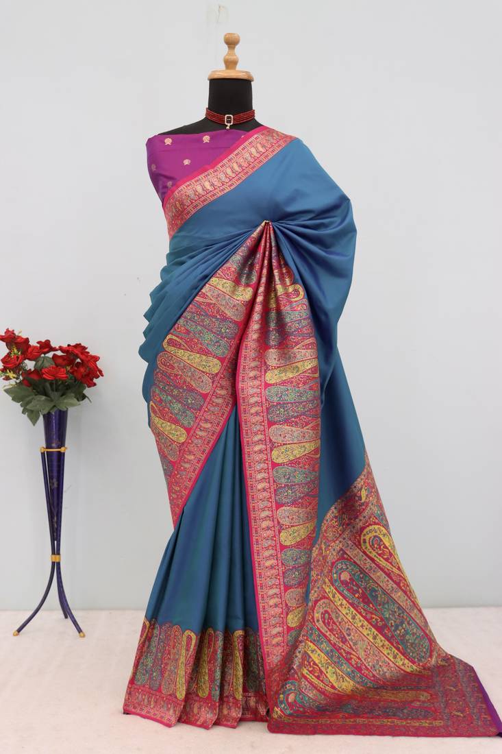 Teal pashmina paithani silk saree with beautifully multicolor border and pallu