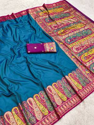 Teal pashmina paithani silk saree with beautifully multicolor border and pallu 3