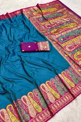 Teal pashmina paithani silk saree with beautifully multicolor border and pallu