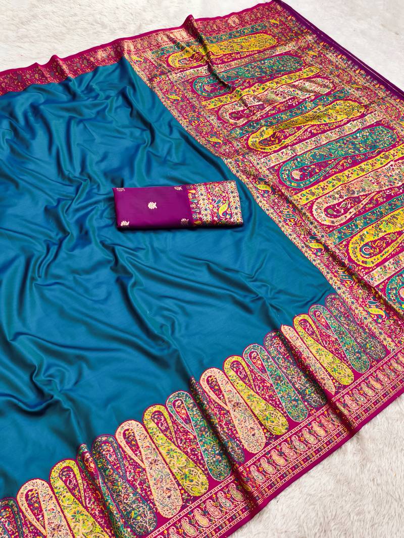 Teal pashmina paithani silk saree with beautifully multicolor border and pallu