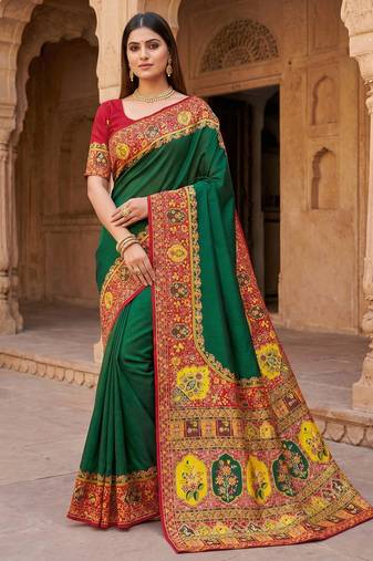 green pashmina silk blend saree with beautifully multicolor border and pallu