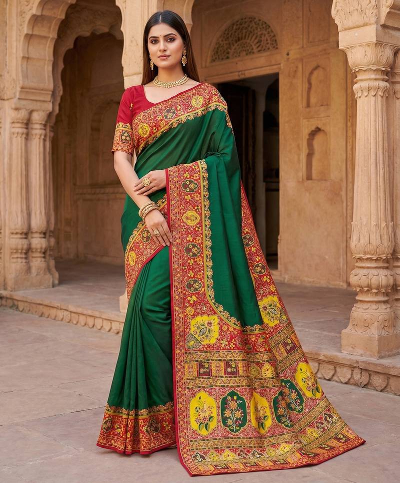 Green pashmina paithani silk saree with beautifully multicolor border and pallu