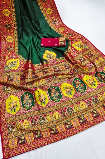 green pashmina silk blend saree with beautifully multicolor border and pallu