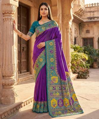 Purple pashmina paithani silk saree with beautifully multicolor border and pallu 1
