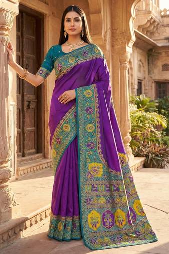 Purple pashmina paithani silk saree with beautifully multicolor border and pallu