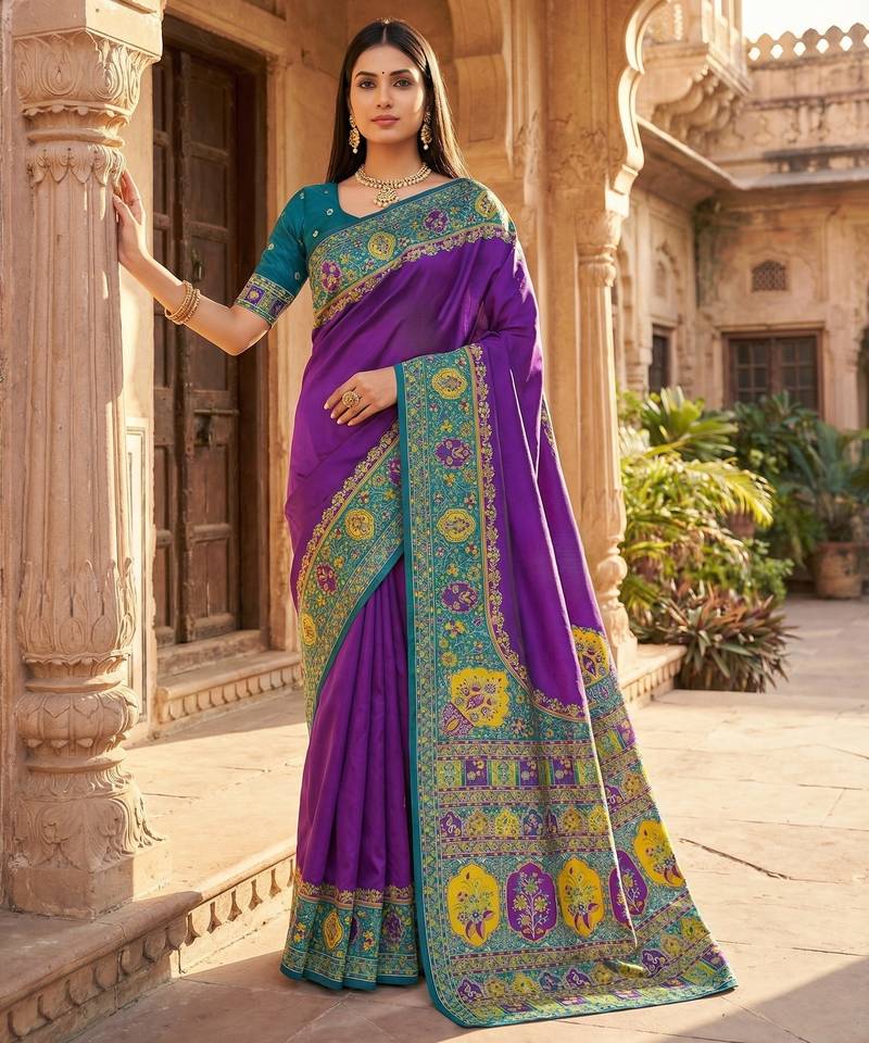 Purple pashmina paithani silk saree with beautifully multicolor border and pallu