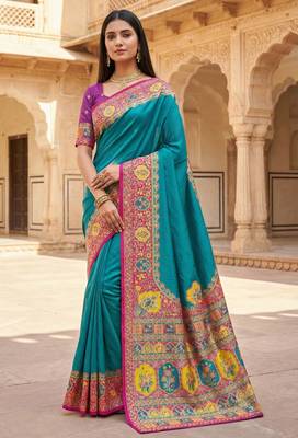 Sky blue pashmina paithani silk saree with beautifully multicolor border and pallu 1