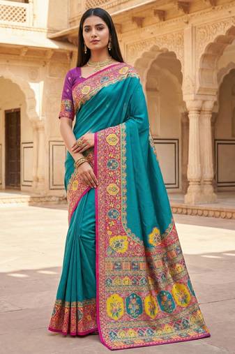 Sky blue pashmina paithani silk saree with beautifully multicolor border and pallu