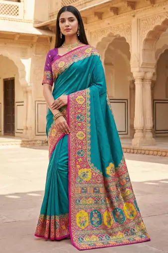 Sky blue pashmina paithani silk saree with beautifully multicolor border and pallu
