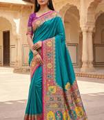 Sky blue pashmina paithani silk saree with beautifully multicolor border and pallu