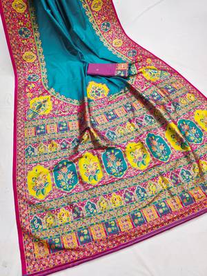 Sky blue pashmina paithani silk saree with beautifully multicolor border and pallu 2