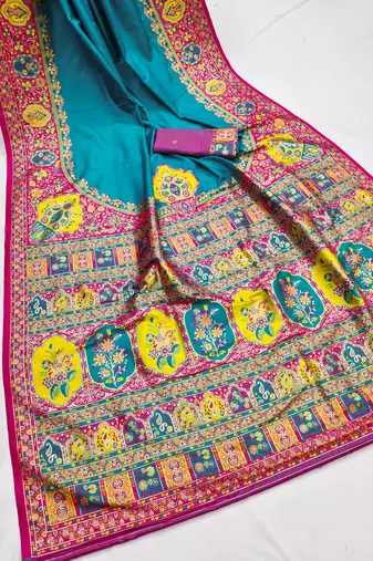 Sky blue pashmina paithani silk saree with beautifully multicolor border and pallu