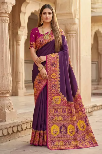 Wine pashmina paithani silk saree with beautifully multicolor border and pallu