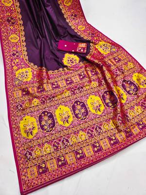 Wine pashmina paithani silk saree with beautifully multicolor border and pallu 2